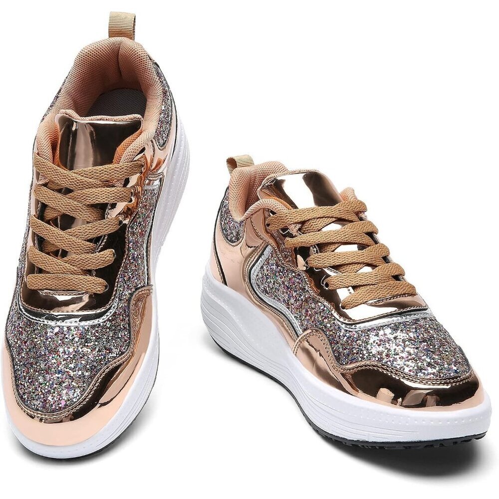 Women's Gold Breathable Mesh Comfort Lightweight Wedge Platform Sneakers